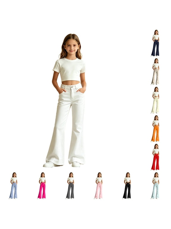 Xijirk Solid Polyester Kids Flare Bell Bottom Pants Girls Casual Daily Stretch Long Trousers Campus Streetwear Pants White,9-10 Years