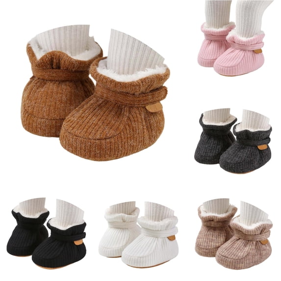 Xijirk Solid Rib Knit Lined Baby Booties Adjustable Strap Warm Crib Shoes Winter Pre Walker Footwear Brown,12-18 Months