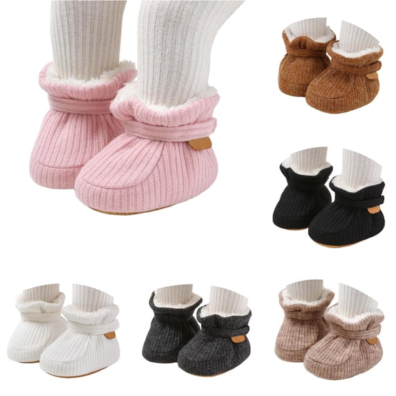 Xijirk Solid Rib Knit Lined Baby Booties Adjustable Strap Warm Crib Shoes Winter Pre Walker Footwear Pink,6-12 Months