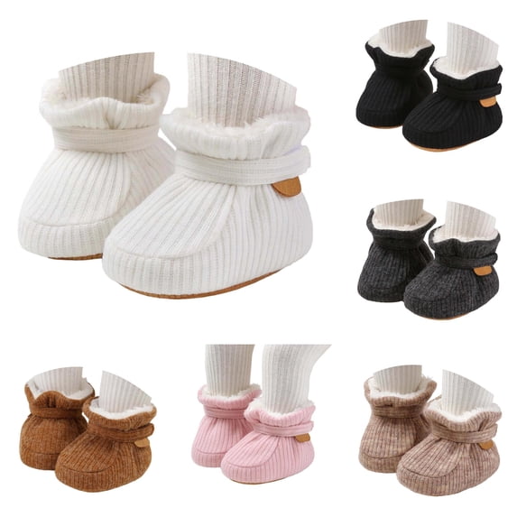 Xijirk Solid Rib Knit Lined Baby Booties Adjustable Strap Warm Crib Shoes Winter Pre Walker Footwear White,12-18 Months