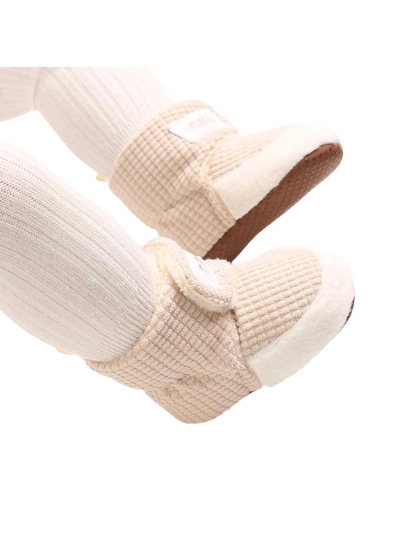 Xijirk Solid Waffle Knit Lined Baby Winter Booties Hook and Loop Warm Flexible Indoor Walking Slipper Shoes Beige,9-16 Months