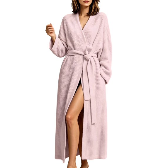 Xijirk Solid Womens Long Bathrobe Wrap V Neck Spa Robe Soft Plush Loungewear Robe with Belt and Side Pockets Pink,S