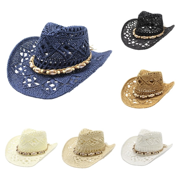 Xijirk Straw Cowboy Hat with Shell Bead Band Wide Brim Sun Hat for Beach Farm Riding Summer Outdoor Strolls,Beige,One Size