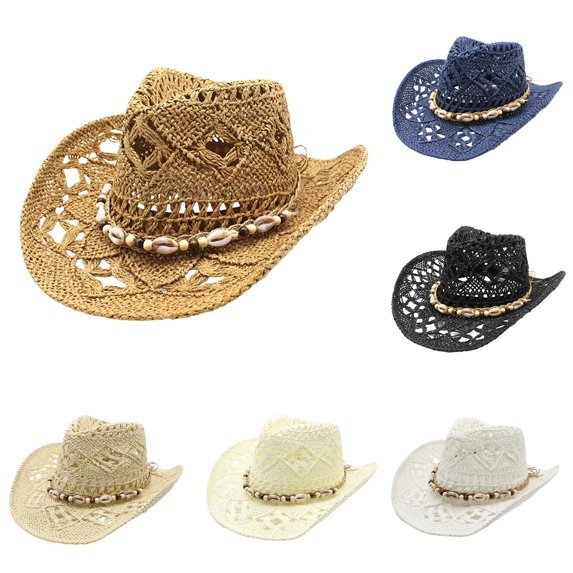 Xijirk Straw Cowboy Hat with Shell Bead Band Wide Brim Sun Hat for Beach Farm Riding Summer Outdoor Strolls,Beige,One Size