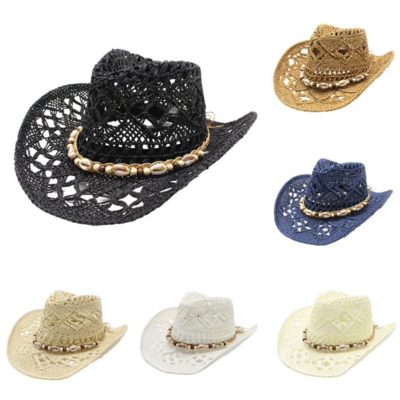 Xijirk Straw Cowboy Hat with Shell Bead Band Wide Brim Sun Hat for Beach Farm Riding Summer Outdoor Strolls,Beige,One Size