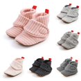 thumbnail image 1 of Xijirk Striped Rib Knit Lined Baby Ankle Booties Fold Over Pull Tab Warm Flexible Non Indoor Walking Shoes Red,12-18 Months, 1 of 9