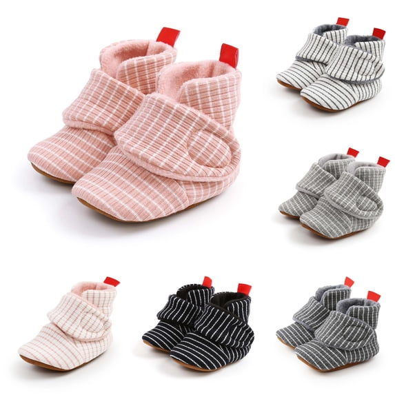 Xijirk Striped Rib Knit Lined Baby Ankle Booties Fold Over Pull Tab Warm Flexible Non Indoor Walking Shoes Red,12-18 Months