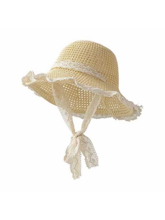 Xijirk Sun Hat with Ruffled Brim and Lace Binding Tie for Outdoor Travel Gardening Daily Walk for Adult Female Open Weave Sun Bucket Headwear,Beige,M