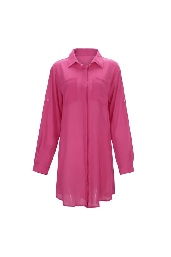 Swimsuit Coverup for Women,Solid Color Wrinkled Fabric Pocket Button Beach Cover Up Bikini Shirt Swimsuit Cardigan Jacket,Cover Ups for Swimwear Women,One Size,Red