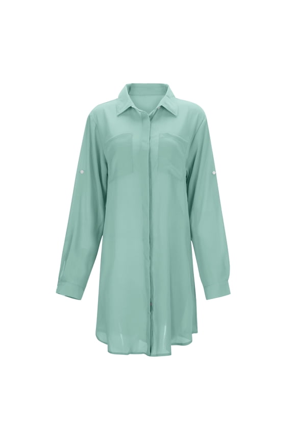 Swimsuit Coverup for Women,Solid Color Wrinkled Fabric Pocket Button Beach Cover Up Bikini Shirt Swimsuit Cardigan Jacket,Cover Ups for Swimwear Women,One Size,Mint Green