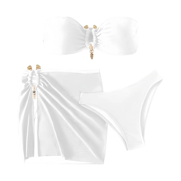 Xijirk Tankini Swimsuits for Women,Ruffle Bandeau Bikini Set Triangle Top with High Waisted Bottom and Ring Two Piece Swimwear Flattering Bathing Suit Perfect,Swimsuit for Women,L,White