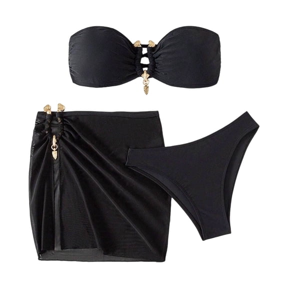 Xijirk Tankini Swimsuits for Women,Ruffle Bandeau Bikini Set Triangle Top with High Waisted Bottom and Ring Two Piece Swimwear Flattering Bathing Suit ,Swimsuit for Women,M,Black