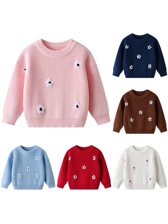 Xijirk Toddler Baby Girls Knit Pullover Embroidered Daisy Flowers Crew Neck Sweater Top for Spring Autumn Daily Wear,3-4 Years
