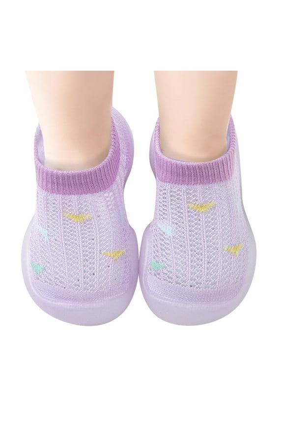 Toddler Boys Girls Breathable Mesh Shoes Colorful Heart Print Floor s Prewalker Footwear Lightweight Sole For Indoor Home Use,Purple,18-24 Months