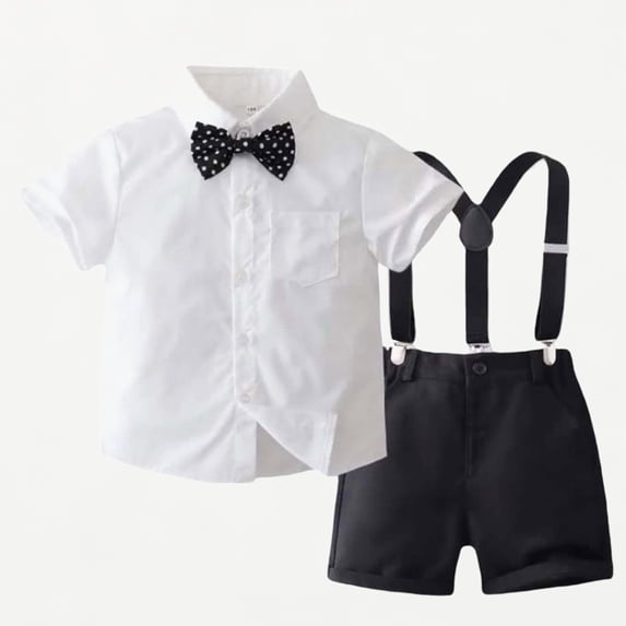 Xijirk Toddler Boys Suspender Outfit Short Sleeve Shirt with Bow Tie & Shorts Formal Set,6-12 Months