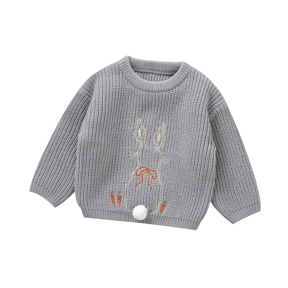 Xijirk Toddler Crew Neck Knit Sweater Cute Bunny Embroidery Pom Pom Long Sleeve Pullover for Casual Daily Wear,12-18 Months
