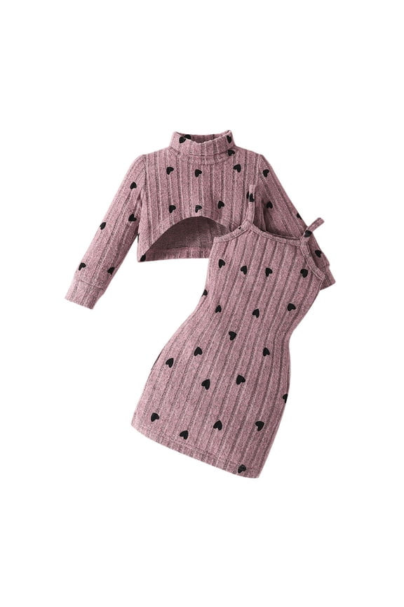 Toddler Girl Outfits Casual Play Set High Neck Long Sleeve Crop Top with Strappy Dress Two Piece Outfit for Daily Outdoor Wear Party Fun and Years Round Activities,Pink,6-9 Months