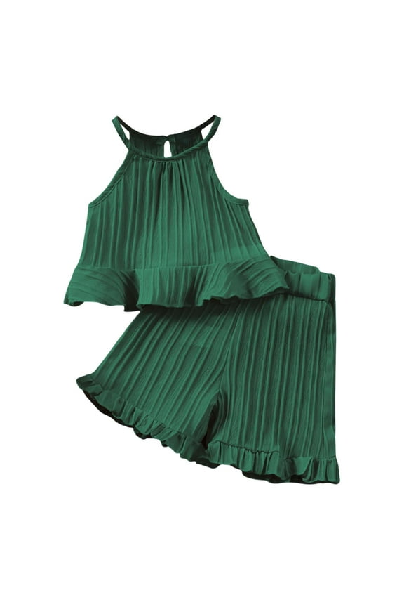 Toddler Girl Outfits Summer Set Off Shoulder Backless Sleeveless Top with Ruffle Shorts Two Piece Beach Outfit for Casual Play Warm Weather and Outdoor Fun,Green,12-24 Months