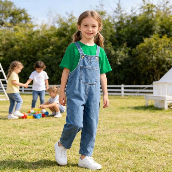 Xijirk Toddler Girls' Denim Overalls Set Adjustable Strap Jumpsuit & Matching Tee,6-7 Years