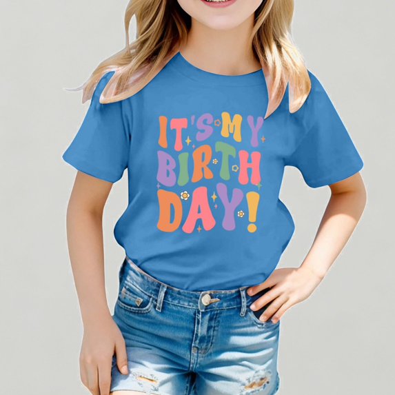 Xijirk Toddler Girls It's My Birthday Graphic T‑Shirt Colorful Text Short Sleeve Party Tee,3-4 Years