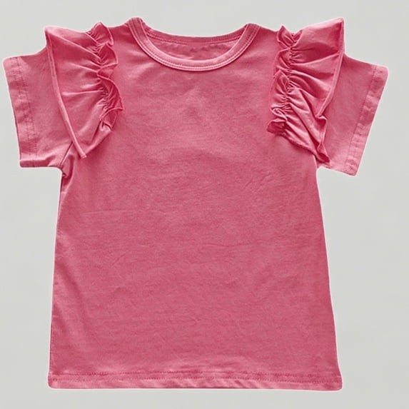 Xijirk Toddler Girls' Solid Short Sleeve T-Shirt Round Neck with Double Ruffle Flutter Sleeves Casual Summer Top,5-6 Years