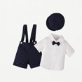 thumbnail image 1 of Xijirk Toddler Wedding & Baptism Suit Boys' Button-Down Shirt Suspender Shorts and Matching Cap Set,4-5 Years, 1 of 9