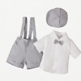 thumbnail image 1 of Xijirk Toddler Wedding & Baptism Suit Boys' Button-Down Shirt Suspender Shorts and Matching Cap Set,6-12 Months, 1 of 9