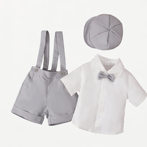 Xijirk Toddler Wedding & Baptism Suit Boys' Button-Down Shirt Suspender Shorts and Matching Cap Set,6-12 Months