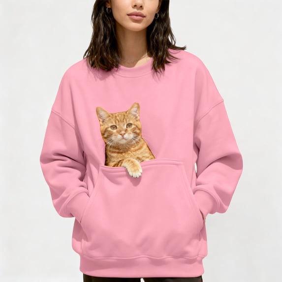 Xijirk Unisex Crewneck Sweatshirt with Cat Print Kangaroo Pocket Long Sleeve Pullover for Pet Lover Daily Casual Outfit