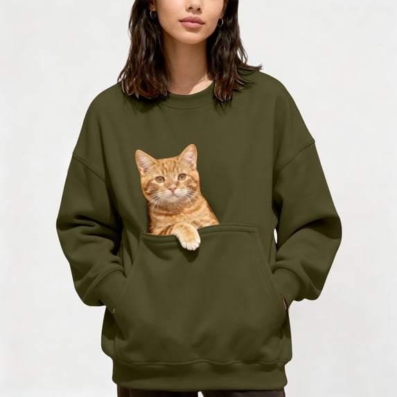 Xijirk Unisex Crewneck Sweatshirt with Cat Print Kangaroo Pocket Long Sleeve Pullover for Pet Lover Daily Casual Outfit