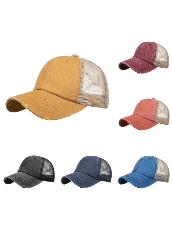 Xijirk Unisex Mesh Spliced Baseball Headwear Damaged Outer Detail Curved Brim Body Adjustable Back Fastener for Daily Commutes Outdoor Road Trips Casual Outfit Matching,Yellow,One Size