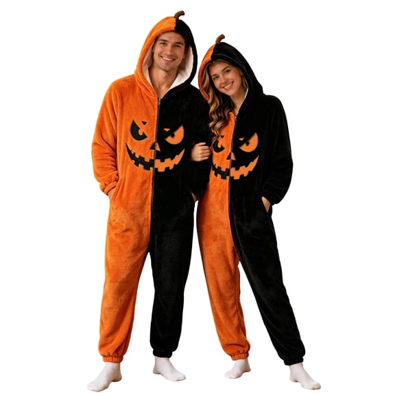 Xijirk Unisex Onesie Costume with Hood Zipper Closure Side Pockets Fuzzy Monster Graphic Jumpsuit for Halloween Cosplay Sleepwear Party Event,Orange,L