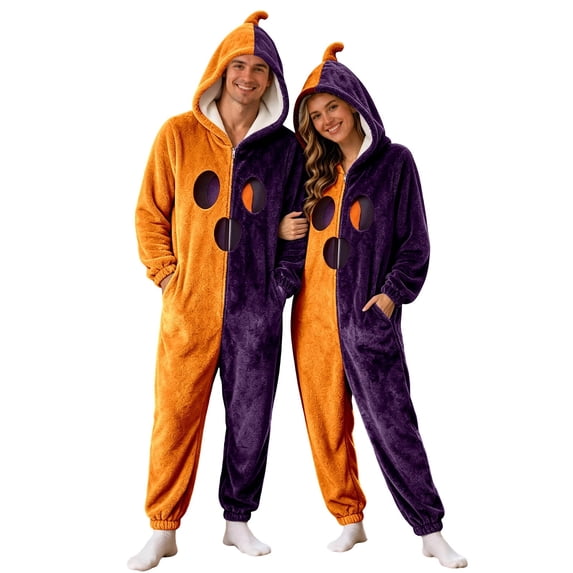Xijirk Unisex Onesie with Hood Zipper Closure Side Pockets Fuzzy Graphic Jumpsuit for Halloween Cosplay Sleepwear Party Event,Orange,L