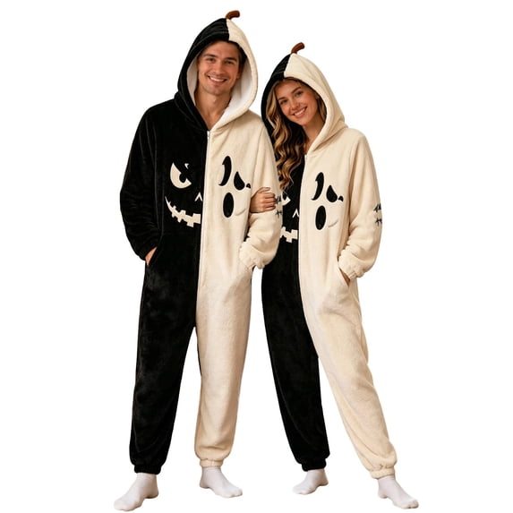 Xijirk Unisex Onesie Costume with Hood Zipper Closure Side Pockets Fuzzy Monster Graphic Jumpsuit for Halloween Cosplay Sleepwear Party Event,Black,M
