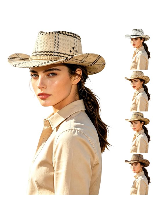Xijirk Unisex Straw Cowboy Hat Woven Plaid Pattern Wide Brim Natural Lightweight Western Hat for Outdoor Beach,One Size