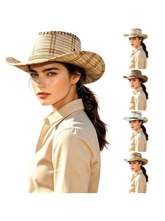 Xijirk Unisex Straw Cowboy Hat Woven Plaid Pattern Wide Brim Natural Lightweight Western Hat for Outdoor Beach,One Size