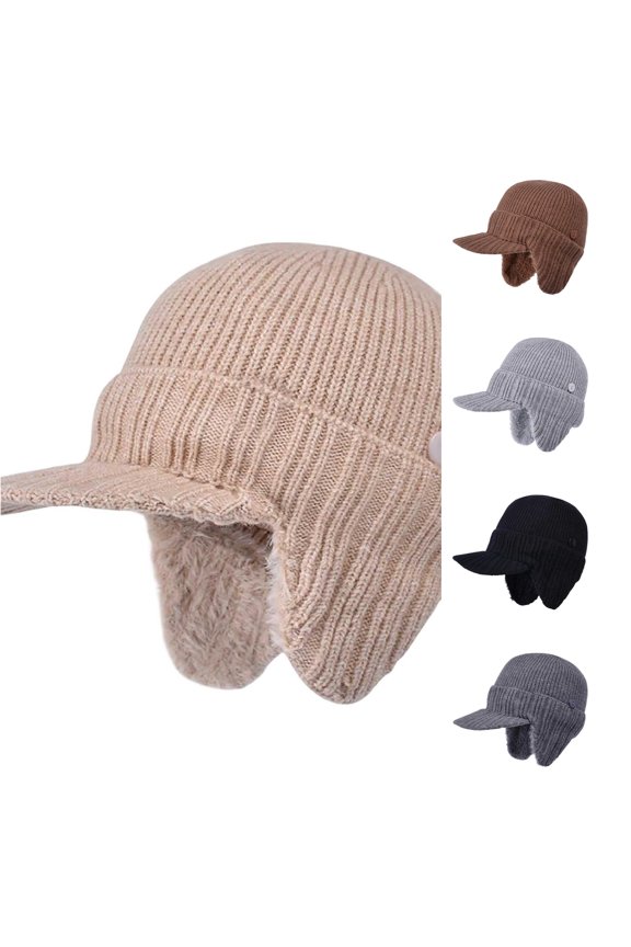 Xijirk Vertical Rib Knit Lined Newsboy Cap with Snap Fold Ear Flap Short Visor Windproof Thermal Headwear for Cycling Jogging Autumn Winter Daily Commute,Khaki,One Size