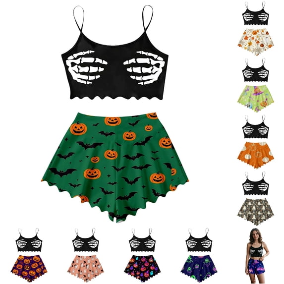 Xijirk Women 2 Piece Cami Short Pajama Set Skeleton Hand Print Spaghetti Strap Loungewear for Halloween Party and Daily Wear