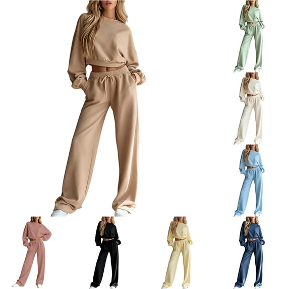 Xijirk Women 2 Piece Sweatsuit Cropped Long Sleeve Crew Neck Sweatshirt and Wide Leg Drawstring Sweatpants Set for Loungewear Daily Casual Outfit,Khaki,M