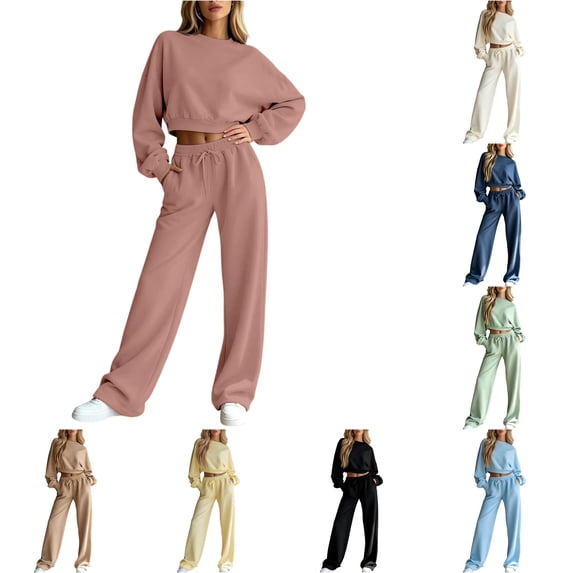 Xijirk Women 2 Piece Sweatsuit Cropped Long Sleeve Crew Neck Sweatshirt and Wide Leg Drawstring Sweatpants Set for Loungewear Daily Casual Outfit,Pink,M