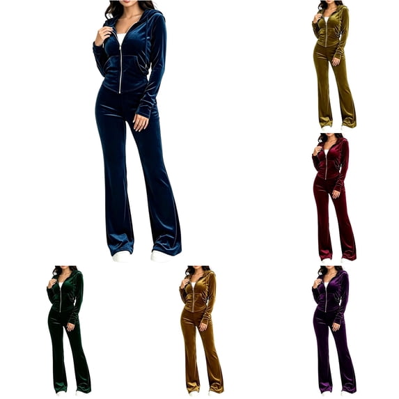 Xijirk Women 2 Piece Velour Tracksuit Zip Up Hooded Jacket and Long Pants Set for Loungewear Daily Street Casual Outfit,Blue,M