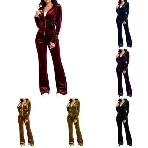 Xijirk Women 2 Piece Velour Tracksuit Zip Up Hooded Jacket and Long Pants Set for Loungewear Daily Street Casual Outfit,Red,M