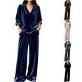 thumbnail image 1 of Xijirk Women 2 Piece Velvet Outfit V Neck Long Sleeve Loose Top and Wide Leg Elastic Waist Pants Set for Loungewear Daily Casual Wear,Blue,XXL, 1 of 4