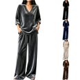 thumbnail image 1 of Xijirk Women 2 Piece Velvet Outfit V Neck Long Sleeve Loose Top and Wide Leg Elastic Waist Pants Set for Loungewear Daily Casual Wear,Grey,L, 1 of 4