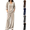 thumbnail image 1 of Xijirk Women 2 Piece Velvet Outfit V Neck Long Sleeve Loose Top and Wide Leg Elastic Waist Pants Set for Loungewear Daily Casual Wear,Khaki,S, 1 of 4