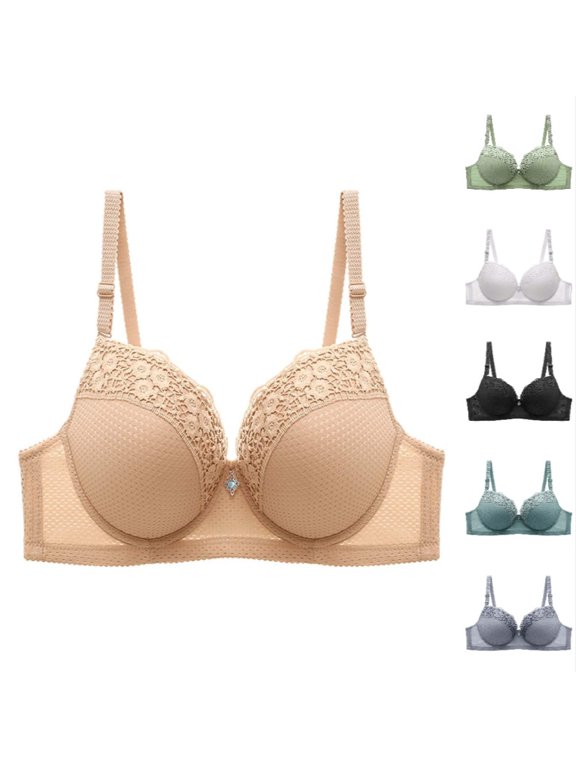 Xijirk Women Adjustable Thin Strap Bra Floral Lace Upper Cup Breathable Mesh Side Material Decorative Gem Detail Gentle Feel for Daily Dating Social Occasions,Beige,48