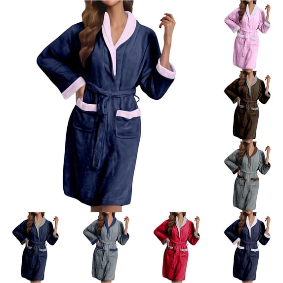 Xijirk Women Bath Shawl Collar Contrast Tie Belt with Side Pockets for Shower Bath and Home Loungewear,Navy,XXL