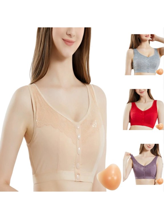 Xijirk Women Bra Front Button Closure V Neck Lace Splicing Tank Style Wireless for Prosthesis Recovery,Beige,46