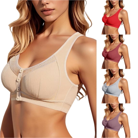 Xijirk Women Bra with Front Button Fastener Lace Decorated Neckline Wide Sleeveless Shoulder Strap and Textured Outer Layer for Daily Rest and Indoor Wear Occasion,2Beige,46