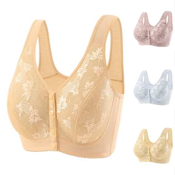 Xijirk Women Button‑fasten Front‑closure Bra with Wide Vest‑style Shoulder Loops Floral Lace Outer Layer Soft Wireless Build for Daily Outfit,Beige,38